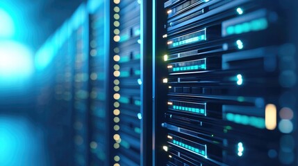 Leinwandbilder - Close-up of illuminated server blades in a high-tech data center with glowing lights and soft blur, perfect for cloud computing, IT marketing, and futuristic tech themes