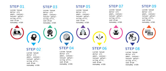 Colorful 9-step infographic with icons and arrows, ideal for business presentations, process flows, and modern workflow visualization in a clean, minimal layout.








