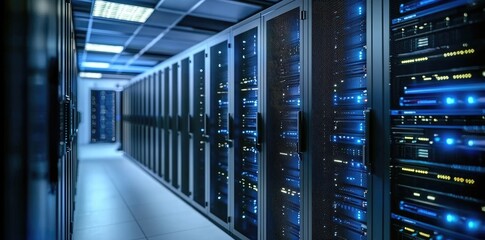 Leinwandbilder - Corridor of modern server cabinets glowing with blue lights in a high-security data center, ideal for cloud infrastructure, networking services, and enterprise IT visuals