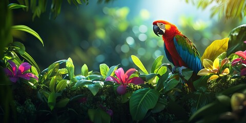 Aufkleber - Lush rainforest habitat featuring diverse wildlife interacting harmoniously, vibrant foliage backdrop, soft natural lighting