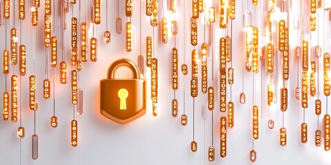 Leinwandbilder - Data encryption concept with a secure lock symbol overlaid on abstract binary code, neutral background, storytelling focus on cybersecurity measures, minimal props.