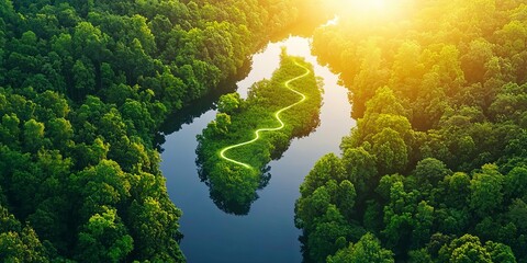 Aufkleber - line connection in a tranquil forest at sunrise, soft light filtering through trees, with a winding river reflecting the serene landscape
