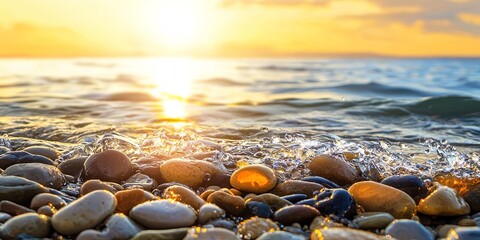 Aufkleber - abstract line connection intertwined with vibrant sunset hues and swirling ocean waves, tranquil coastal view with smooth pebbles
