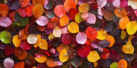 Aufkleber - close-up of dew-kissed autumn leaves on a forest floor, rich textures and colors, evoking a sense of peaceful solitude