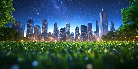 Aufkleber - vibrant city skyline with starry sky and minimalist urban park in foreground