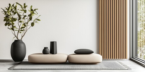 Fototapete - Inviting artistic setup in a cozy workspace, showcasing a smooth line connection between essential creative elements, minimalistic and clean