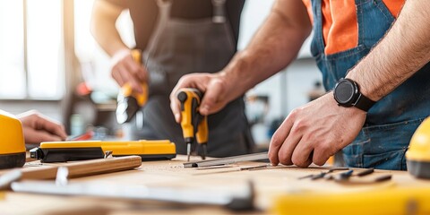 Aufkleber - Hands-on training workshop, engaged team practicing skills with tools and equipment, simple neutral setting, emphasis on teamwork and individual growth, editorial image