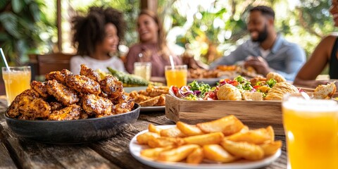 Aufkleber - happy family gathered for a sunny outdoor picnic, unity and joy, engaging in games, delicious snacks and drinks, cozy setting with nature in the background, focus on conn