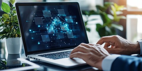Aufkleber - businessman conducting remote work on laptop while brainstorming ideas with colleagues on digital chat, clean and minimalistic setting
