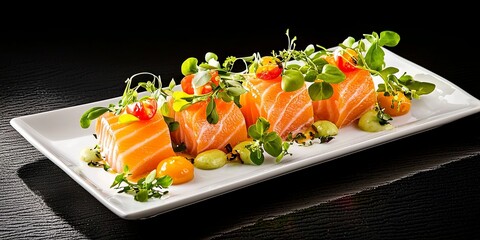 Aufkleber - line connection, beautifully plated gourmet dish with vibrant colors and elegant garnishing, minimalistic table setting
