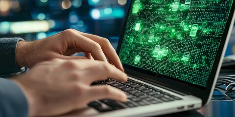 Aufkleber - A close-up of hands typing on a laptop with visible encrypted data on the screen, surrounded by cryptographic keys, illustrating the importance of secure access to privat