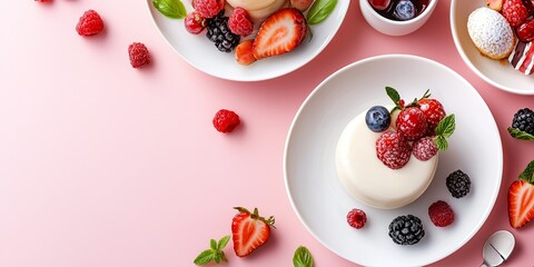 Aufkleber - line connection, artistic arrangement of fresh ingredients and a stunning dessert, neutral background with subtle props