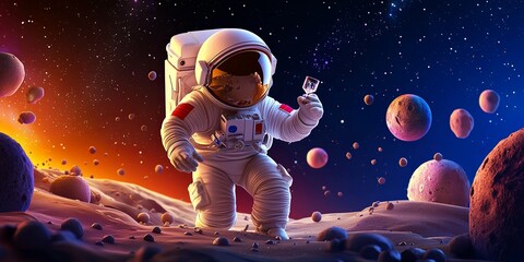 Aufkleber - Exploration and discovery: an astronaut conducting experiments on a distant planet, with high-tech equipment and a starry sky backdrop, neutral tones