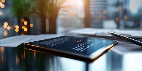 Aufkleber - Digital signature on a tablet surrounded by financial documents and a stylized lock to symbolize encrypted communication