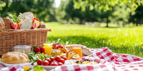 Poster - happy family picnic in a sunlit park with a blanket, basket, and vibrant food spread