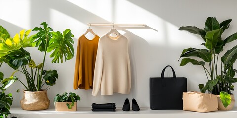 Aufkleber - Innovation in fashion through sustainable materials, showcased in a minimalist studio with neutral tones, elegant garments, and eco-friendly accessories