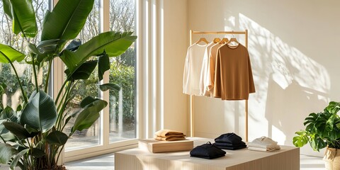 Aufkleber - Innovation in fashion through sustainable materials, showcased in a minimalist studio with neutral tones, elegant garments, and eco-friendly accessories
