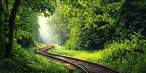 Aufkleber - peaceful line connection amidst a tranquil forest shrouded in gentle morning mist, dew-kissed foliage, harmonious nature