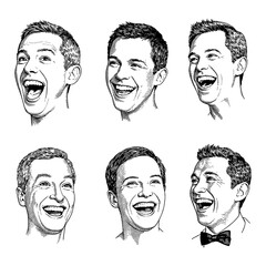 Wall Mural - multiple men with joyful laughing expressions faces sheet black and white outline line art drawing