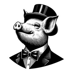 Wall Mural - sophisticated pig wearing vintage suit and top hat black and white outline line art drawing