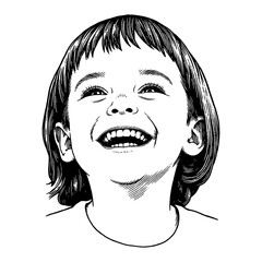 Wall Mural - a little girl with joyful laughing expression looking upwards in black and white outline line art dr