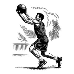 Wall Mural - a dynamic man playing basketball holding ball in action shot black and white outline line art drawin