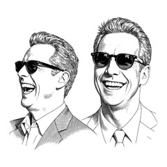 Wall Mural - expressive men joyfully laughing vintage suits sunglasses classic hair black and white outline line 