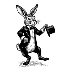 Wall Mural - rabbit wearing vintage gentleman outfit with top hat dancing black and white outline line art drawin