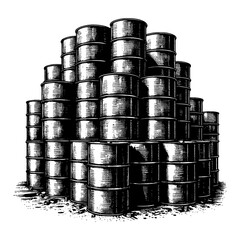 Wall Mural - stacked rusty oil metal barrels vintage style engraving black and white outline line art drawing