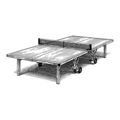 Wall Mural - detailed ping pong table with net black and white outline line art drawing isolated object illustrat