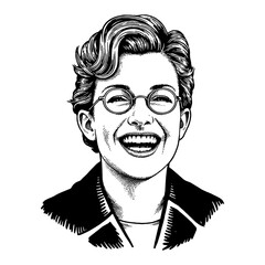 Wall Mural - woman joyfully laughing expressive face vintage proper dress classic hairstyle wearing glasses black
