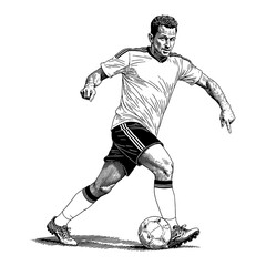 Wall Mural - man playing soccer controlling ball in dynamic pose black and white outline line art drawing
