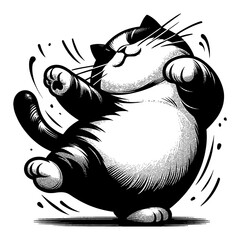 Wall Mural - chubby cat dancing joyfully with whiskers waving in happy black and white outline line art drawing