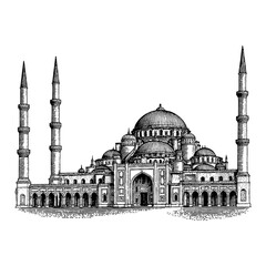 Wall Mural - an islamic mosque architecture drawing featuring domes minarets in black and white outline line art