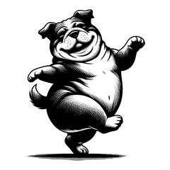 Wall Mural - chubby dog dancing with happy expression balancing one leg black and white outline line art drawing