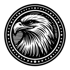 Wall Mural - eagle head profile view in circular emblem with stars black and white outline line art drawing