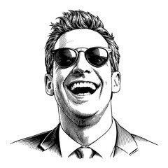 Wall Mural - joyful man laughing with expressive face vintage suit classic hairstyle sunglasses black and white o