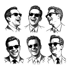 Wall Mural - men joyfully laughing expressive faces vintage suits classic hairstyles sunglasses black and white o