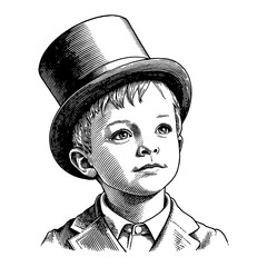 Wall Mural - a little boy wearing really giant top hat looking up black and white outline line art drawing