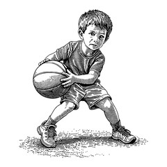 Wall Mural - young little boy playing basketball game black and white outline line art drawing illustration