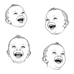 Wall Mural - babies with joyful laughing expressions faces sheet black and white outline line art drawing