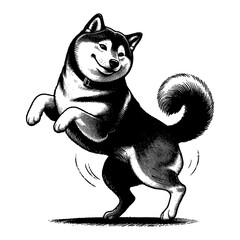 Wall Mural - happy shiba inu dog standing dancing playful black and white outline line art drawing