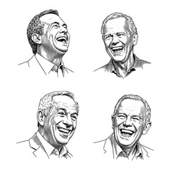 Wall Mural - four grandpas with joyful laughing expressions black and white outline line art drawing faces