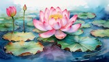 a serene watercolor painting of a pink lotus flower surrounded by green lily pads on a tranquil blue water surface
