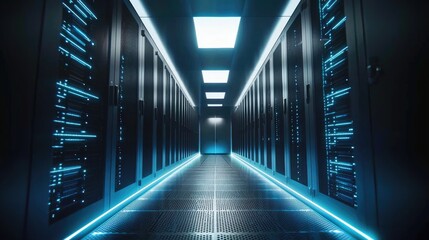 Fototapete - Futuristic data center corridor with sleek black server racks, glowing floor lighting, and bright ceiling panels; great for cloud services, IT ads, and AI tech backgrounds