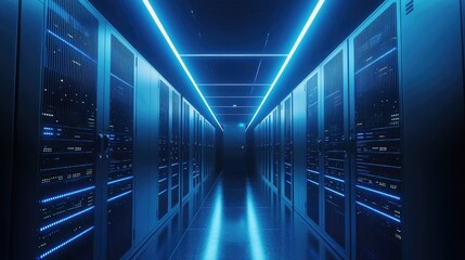 Fototapete - Dark futuristic server room with glowing blue ceiling lights and symmetrical cabinets, ideal for IT infrastructure, cyber defense, and digital storage visuals