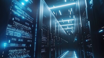 Fototapete - High performance data center with glowing server racks, futuristic lighting, and metallic floor grates; ideal for AI infrastructure, digital storage, and tech branding
