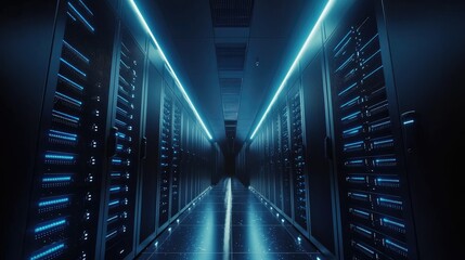 Fototapete - Symmetrical data center hallway with glowing server cabinets, dark reflective floor, and sleek LED ceiling strips; great for cloud infrastructure, AI, and cybersecurity use cases