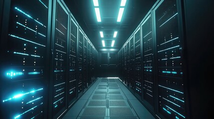 Fototapete - High tech data center interior with glowing blue lights, black server racks, and modern cooling floor; perfect for cybersecurity, IT infrastructure, and cloud service visuals