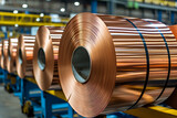 Shiny metal coils awaiting distribution and use in manufacturing, shown lined up and secured in preparation for transport, copper tones.